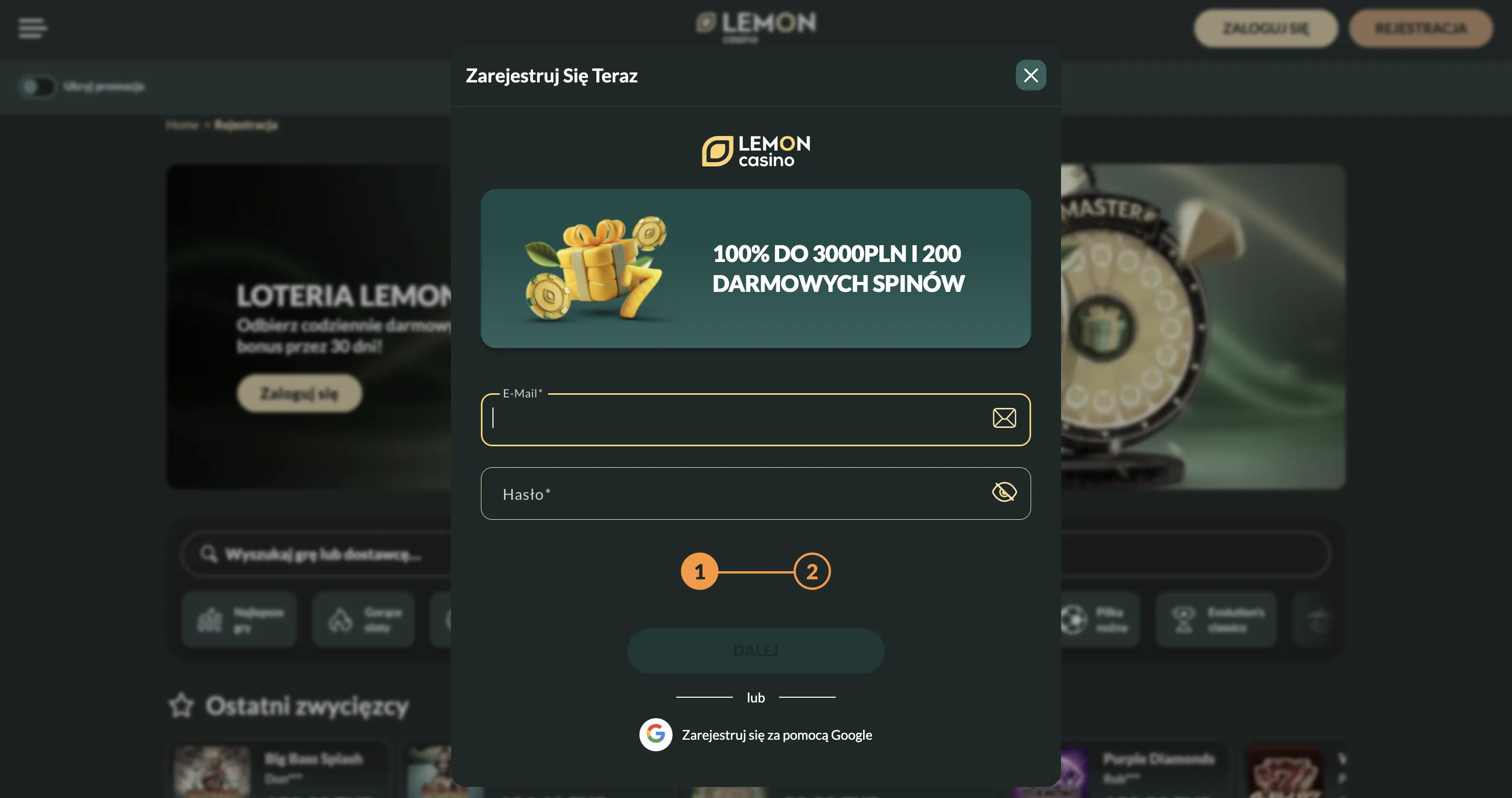Lemon Casino rejestracja – formularz zakładania konta